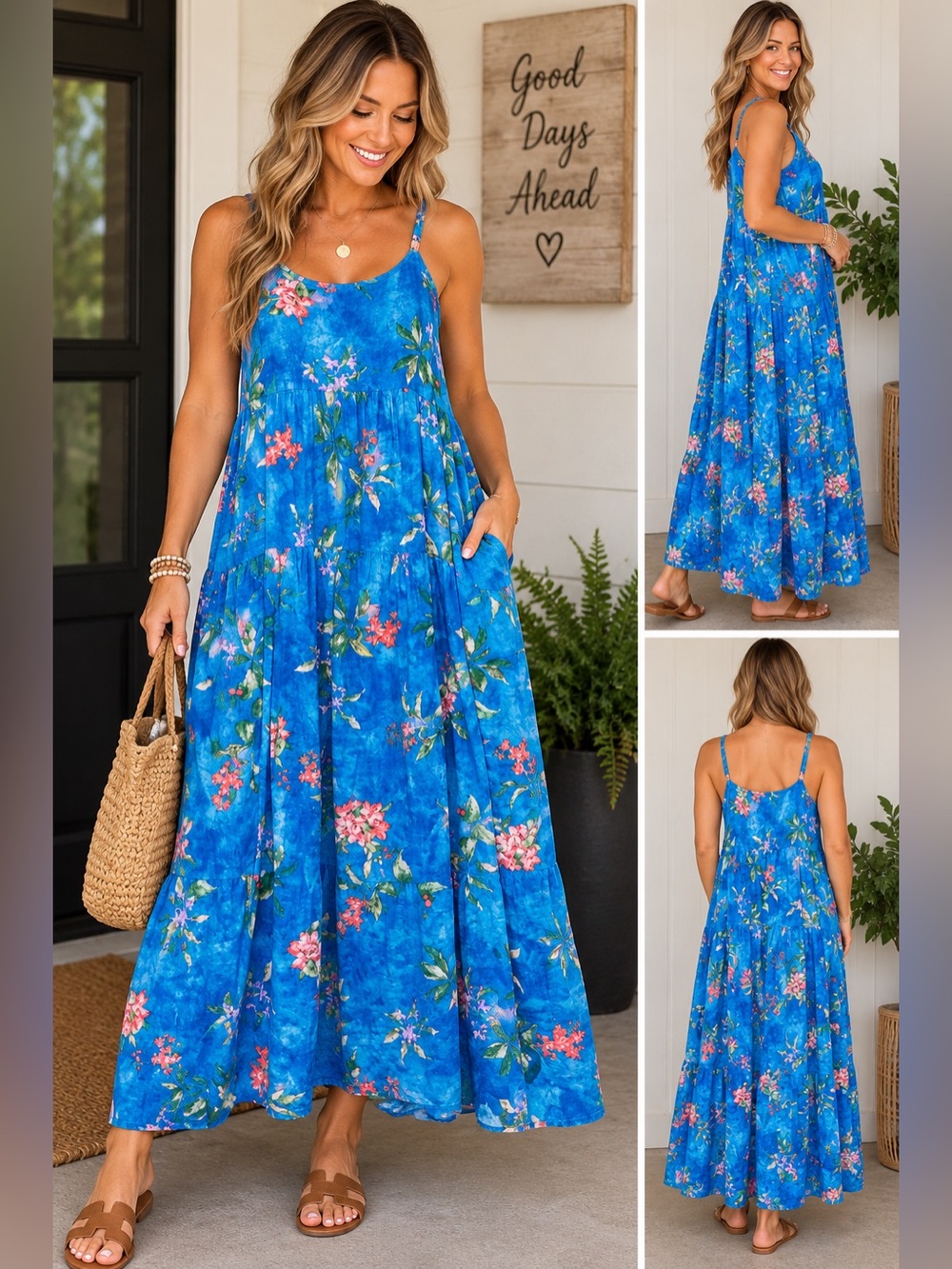 YESNO Blue Floral Tiered Maxi Dress XL Boho Adjustable Strap Sundress